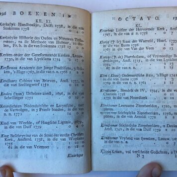 Algemeene naam-lyst van boeken met de pryzen of de boek-negotie. Benevens de kenisse en waarde derzelver gemakkelyk gemaakt. Zynde eene verzameling van eenige duizenden van boeken (...), zedert den jaare 1709 tot 1771 in eene alphabetische order geschikt met de pryzen hoe veel elk boek in ieder verkopinge gekost heeft. Deel I, 2e stuk, behelzende Nederduitsche boeken in octavo [van auteurs met namen beginnende met de letters A t/m Q].