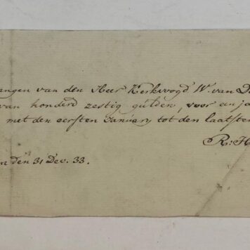 HELLENDOORN, PREDIKANT TE HILVERSUM Kwitantie voor kerkvoogd W. van Domselaar betreffende een jaar traktement ad f 160, uitbetaald 31 december 1833 aan R. Hellendoorn, predikant (te Hilversum).