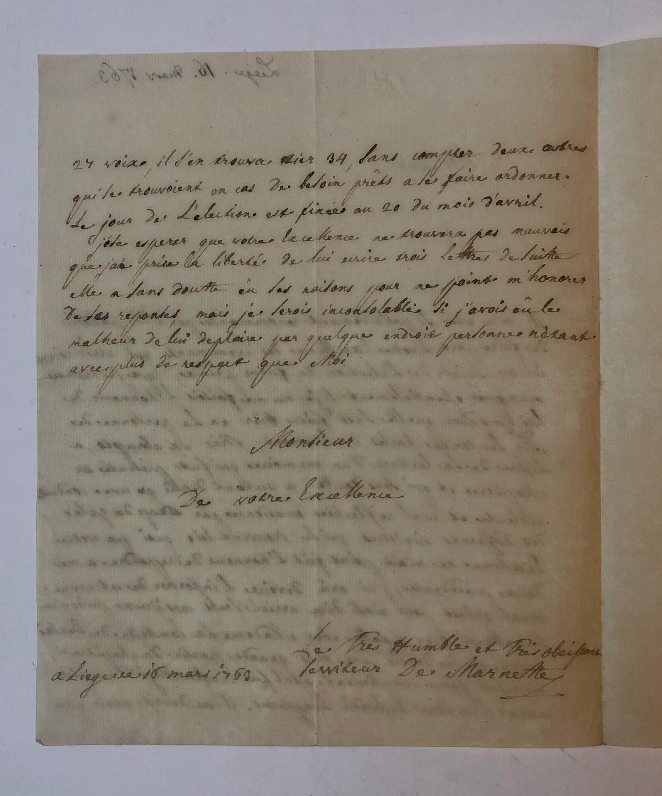 MARNETTE, DE; D'OULTREMONT, BELGIË Brief van De Marnette, Liège 16 maart 1763, o.a. betreffende de verkiezing van de `évêque prince de Liège, Charles d'Oultremont'. 4(, 2 p.