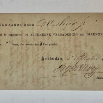 MEYER Twee convocaties voor D.C. Meyer Jr. voor vergaderingen van Diakenen en Armverzorgers. Amsterdam 1875.
