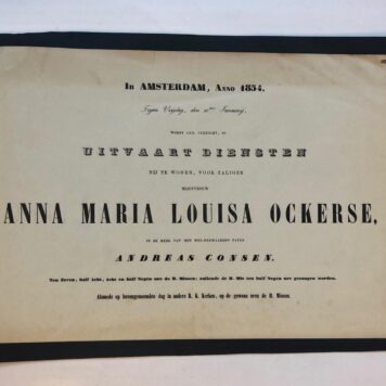 OCKERSE Uitnodiging voor de uitvaartmis voor Anna Maria Louisa Ockerse. Amsterdam 1854. Plano, gedrukt.