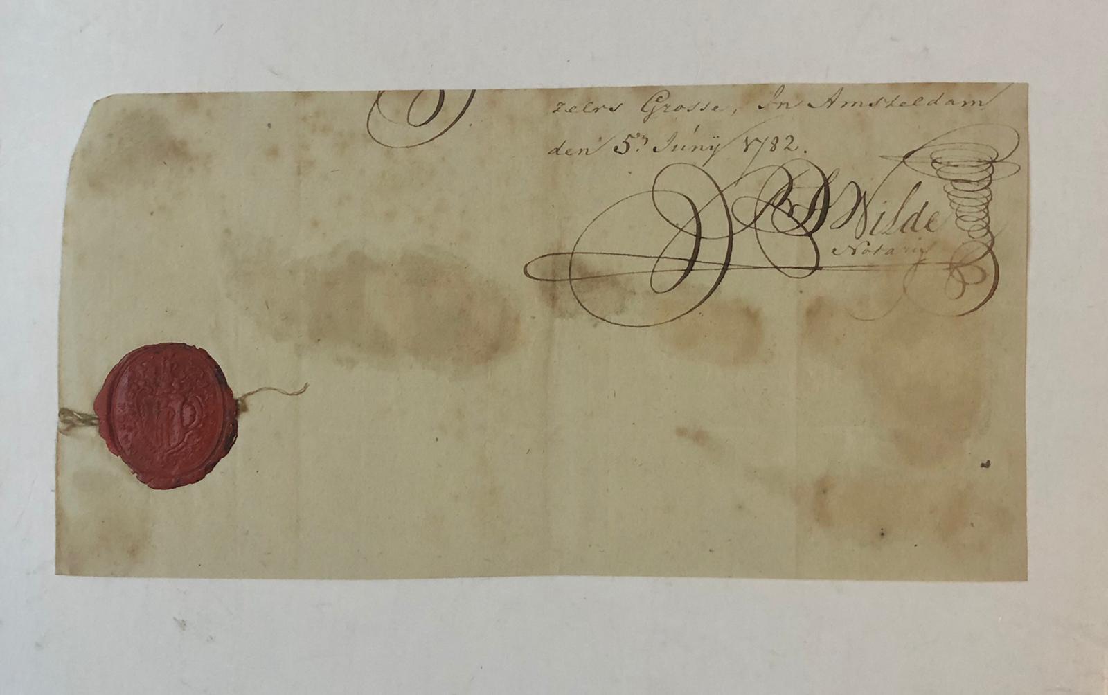  - WILDE, DE Handtekening en lakzegel van notaris P. de Wilde. Amsterdam 1782.