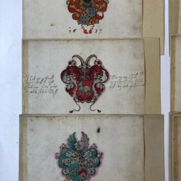 ALBUM AMICORUM, RIPPERBANT, VOETH, E.A Tien bladen uit een vroeg-17de-eeuws album amicorum, los opgezet op karton. Alle bladen zijn voorzien van grote, fraai getekende familiewapens in kleur. Ieder blad 14,5x19cm.
