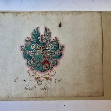ALBUM AMICORUM, RIPPERBANT, VOETH, E.A Tien bladen uit een vroeg-17de-eeuws album amicorum, los opgezet op karton. Alle bladen zijn voorzien van grote, fraai getekende familiewapens in kleur. Ieder blad 14,5x19cm.