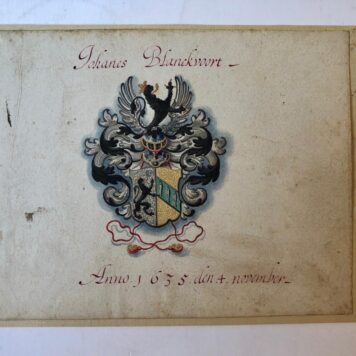 ALBUM AMICORUM, RIPPERBANT, VOETH, E.A Tien bladen uit een vroeg-17de-eeuws album amicorum, los opgezet op karton. Alle bladen zijn voorzien van grote, fraai getekende familiewapens in kleur. Ieder blad 14,5x19cm.