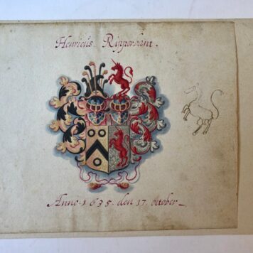 ALBUM AMICORUM, RIPPERBANT, VOETH, E.A Tien bladen uit een vroeg-17de-eeuws album amicorum, los opgezet op karton. Alle bladen zijn voorzien van grote, fraai getekende familiewapens in kleur. Ieder blad 14,5x19cm.