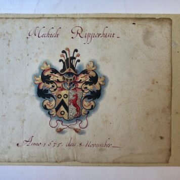 ALBUM AMICORUM, RIPPERBANT, VOETH, E.A Tien bladen uit een vroeg-17de-eeuws album amicorum, los opgezet op karton. Alle bladen zijn voorzien van grote, fraai getekende familiewapens in kleur. Ieder blad 14,5x19cm.