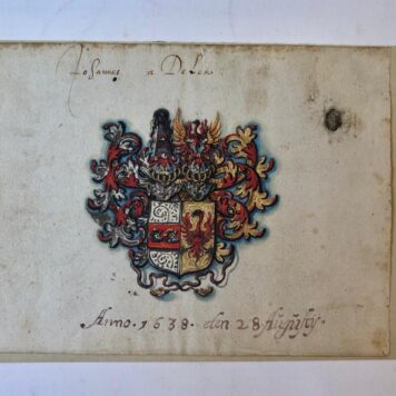 ALBUM AMICORUM, RIPPERBANT, VOETH, E.A Tien bladen uit een vroeg-17de-eeuws album amicorum, los opgezet op karton. Alle bladen zijn voorzien van grote, fraai getekende familiewapens in kleur. Ieder blad 14,5x19cm.