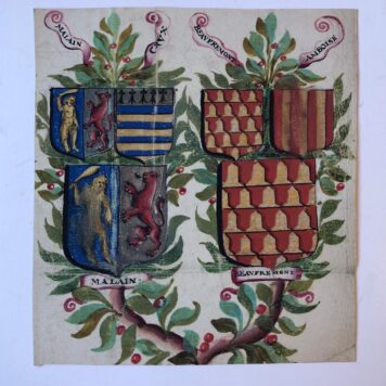 [Heraldic drawing/Colored coat of arms] MALAIN, BEAUFREMONT, CRUX, AMBOISE, 18de-eeuwse gekleurde tekening van vier kwartieren, 18x16 cm.