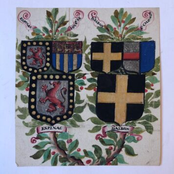 [Heraldic drawing/Colored coat of arms] MARCONNET, HARAUCOURT, BAY, FAULQUIER, 18de-eeuwse gekleurde tekening van vier kwartieren, 18x16 cm.