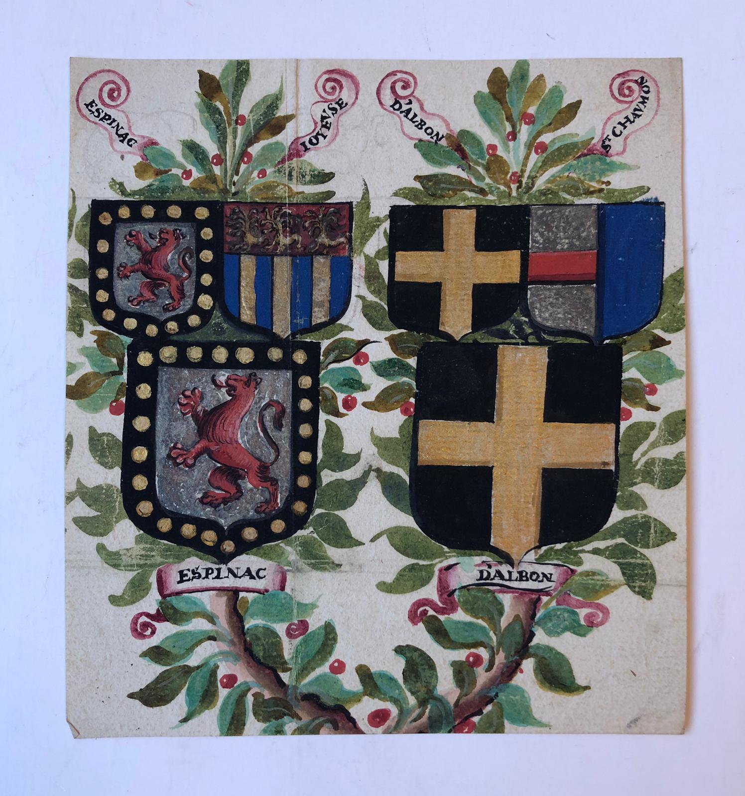  - [Heraldic drawing/Colored coat of arms] MARCONNET, HARAUCOURT, BAY, FAULQUIER, 18de-eeuwse gekleurde tekening van vier kwartieren, 18x16 cm.