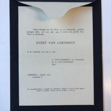 GARDEREN, VAN Gedrukt overlijdensbericht van Evert van Garderen, Leersum 1951.