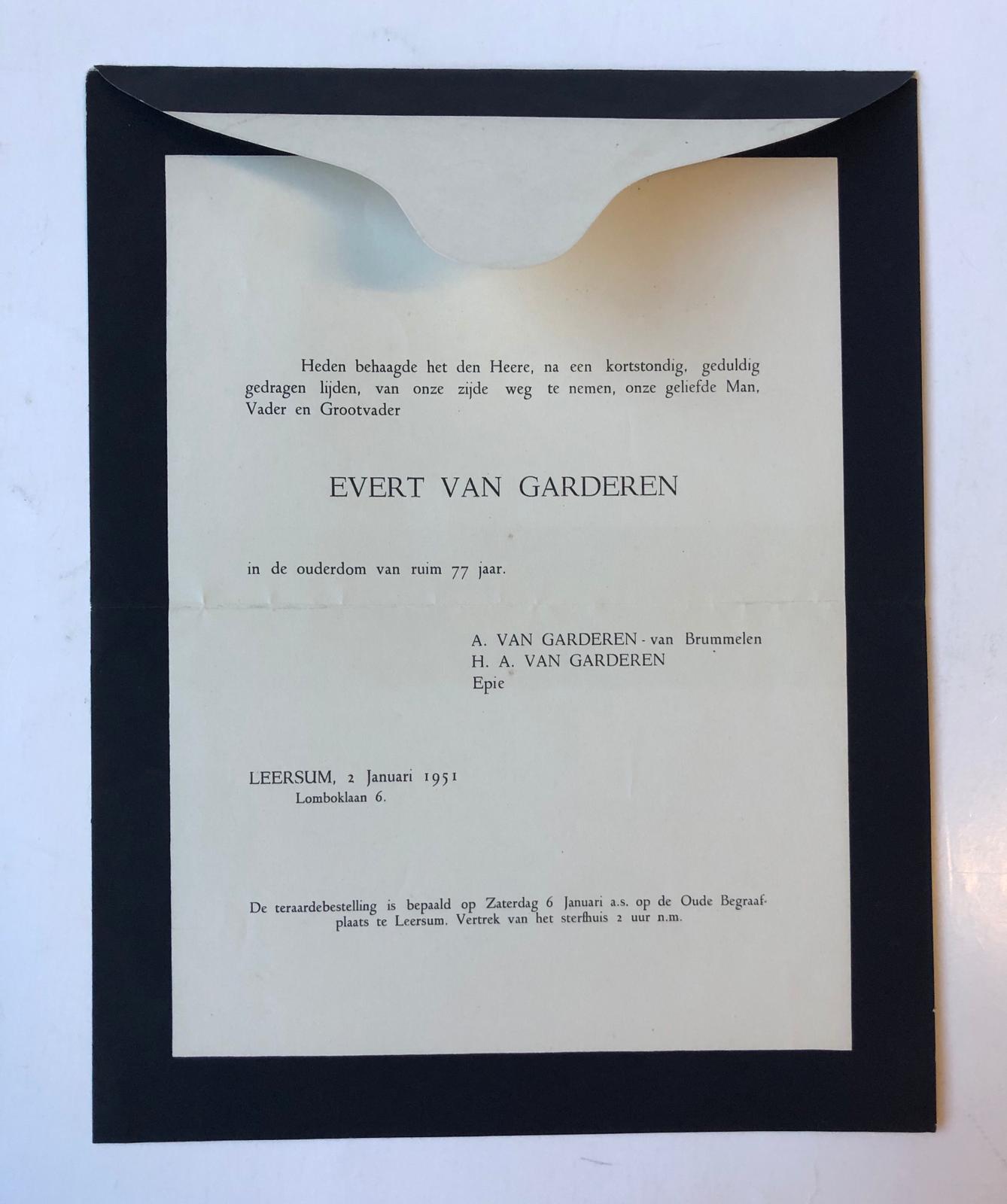  - GARDEREN, VAN Gedrukt overlijdensbericht van Evert van Garderen, Leersum 1951.