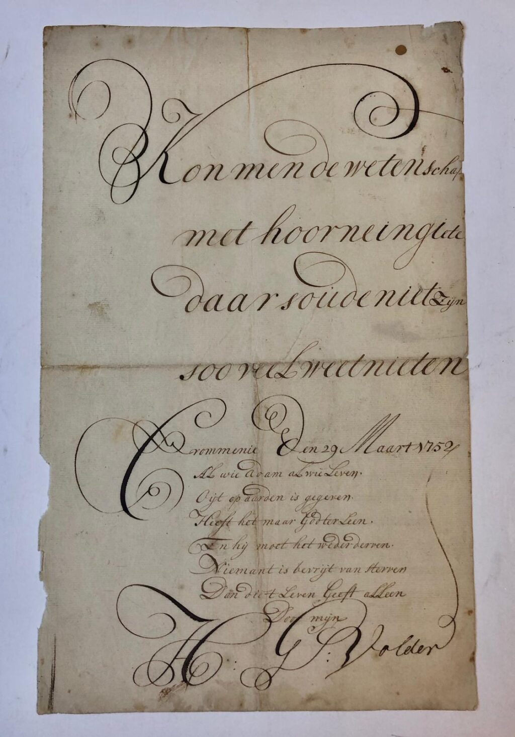 KALLIGRAFIE, VOLDER, KROMMENIE Blad met schoonschrift, getekend H.G. Volder, Krommenie 29 maart 1752. Folio, 1 p.