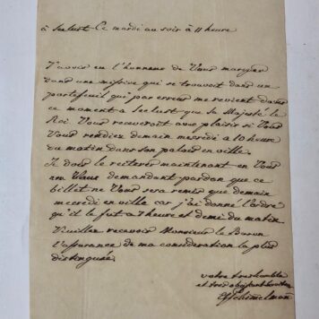 [Manuscript French/Lettre Francais] SCHIMMELMANN Briefje van E.J.(?) Schim(m)elmann, z.p., z.j., in het Frans. 19de-eeuws. 4o, 1 p.