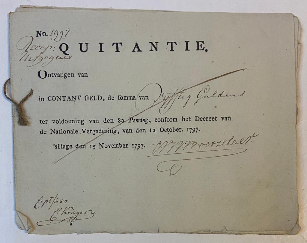 [5 Receipts/Kwitanties 1797] Five receipts/Quitantie ontvangen van [] in contant geld ter voldoening van den 80 penning, conform het Decreet van de Nationale Vergadering van den 12 October 1797, 's Hage den 15 November 1797, signed by Van Boetzelaer.
