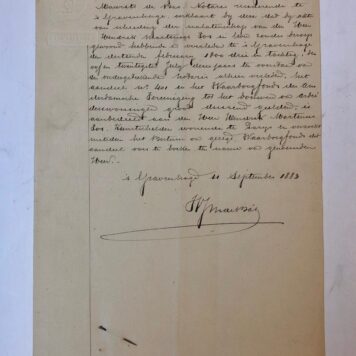[Manuscript VOS] Verklaring van notaris W.J.M. de Bas dat het aandeel ad f 1000 in het waarborgfonds der Amsterdamsche Vereeniging tot het bouwen van arbeiderswoningen ten name van Hendrik Mart. Vos, overleden 's-Gravenhage 14 februari 1883, is aanbedeeld aan Hendrik Martinus Vos, kunstschilder te Parijs. 1883. 4o, 1 p.