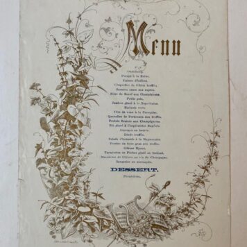 [Gastronomy, dinner menu VRIESE] Twee 19de-eeuwse menu's, gelithografeerd met verso `monsieur Vriese' en `14 febr. 1858 bij Willem Vriese', 2 p.