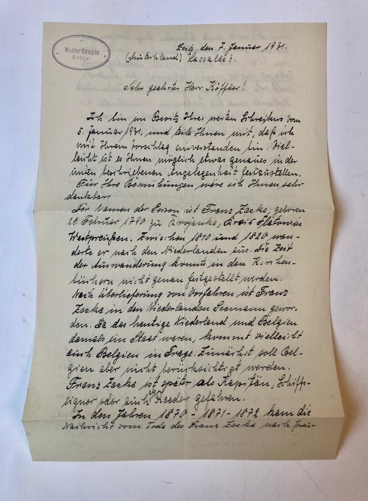  - [Manuscript, Letters ZASKE] Drie brieven van Walter Kempte uit Zeitz aan de genealoog Kffler te 's-Gravenhage betreffende een Franz Zaske, zeeman in het 19de-eeuwse Holland, 1931.