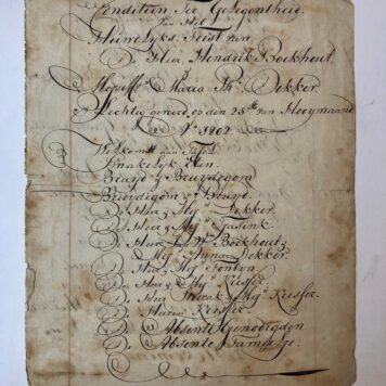 [Manuscript BOEKHOUT, DEKKER] Conditien ter gelegentheid van het huwelijksfeest van ... Hendrik Boekhout en ... Maria Pha. Dekker, plechtig gevierd op den 25ste van hooymaand 1802.