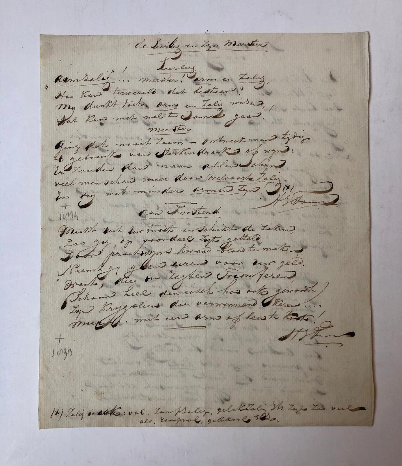  - [Manuscript FOPPE] Vier eigenhandig geschreven gedichten door H.J. Foppe, 1834 en 1835. Folio, 11 p.