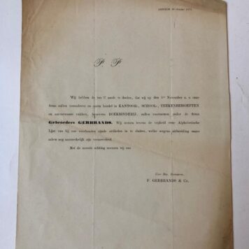 GERBRANDS, ARNHEM Annonce betreffende verandering firmanaam van P. Gerbrands & Co in Gebroeders Gerbrands. Arnhem 1873. Gedrukt. 4o, 1 p.