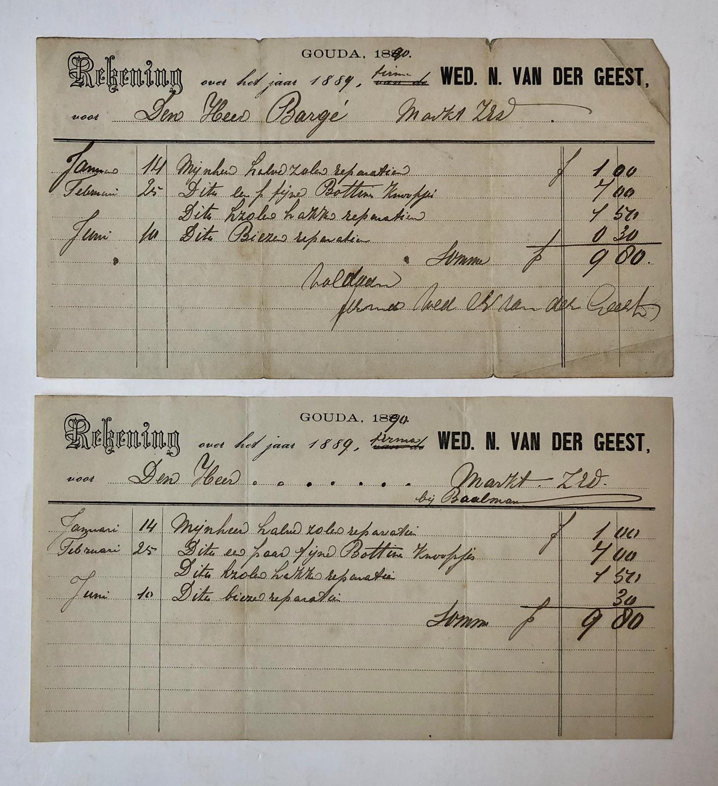  - [Invoice receipt/nota GOUDA, VAN DER GEEST] Twee nota's van firma Wed. N. van der Geest te Gouda, 1890. 2 p.