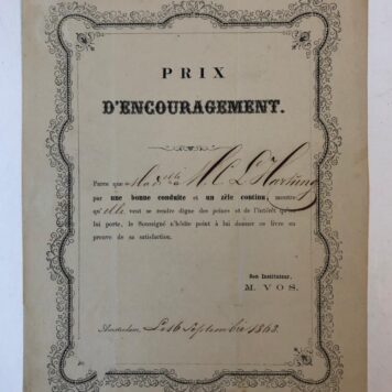 [Price form/Prijsformulier/diploma HARTUNG] Twee prijsformulieren, uitgereikt aan G.F.W. Hartung en M.C.L. Hartung, door de onderwijzer M. Vos. Amsterdam 1868-1869. 4(: 2 p.