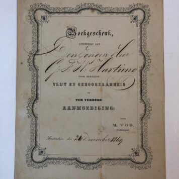 [Price form/Prijsformulier/diploma HARTUNG] Twee prijsformulieren, uitgereikt aan G.F.W. Hartung en M.C.L. Hartung, door de onderwijzer M. Vos. Amsterdam 1868-1869. 4(: 2 p.