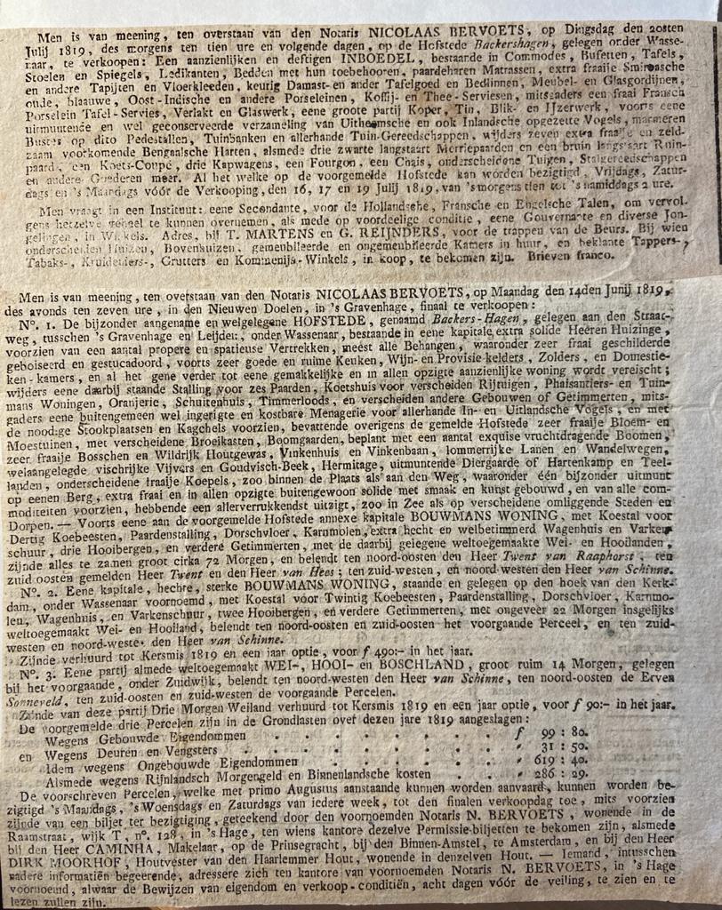 [Newspaper articles/krantenartikelen] 2 krantenartikelen over Wassenaar - Hofstede Backershage 1819