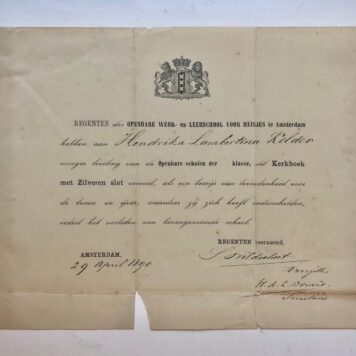 [Price form, KELDER] Prijsformulier, uitgereikt aan Hendrika Lamb. Kelder, door regenten van de Openbare Werk- en Leerschool voor meisjes te Amsterdam, 1890, getekend door S. Wildschut en W.A.L. Domis.
