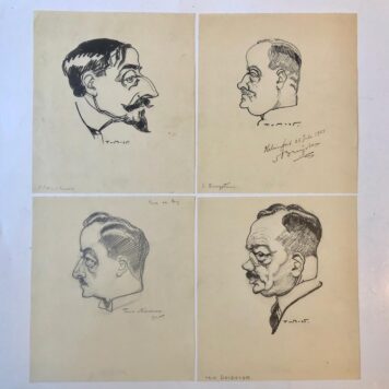 [Drawings, caricature MIESMAA, KARIKATUREN] Portretkarikaturen in inkt of potlood door Tanno Miesmaa, 1925, ieder ca. 15x15 cm.