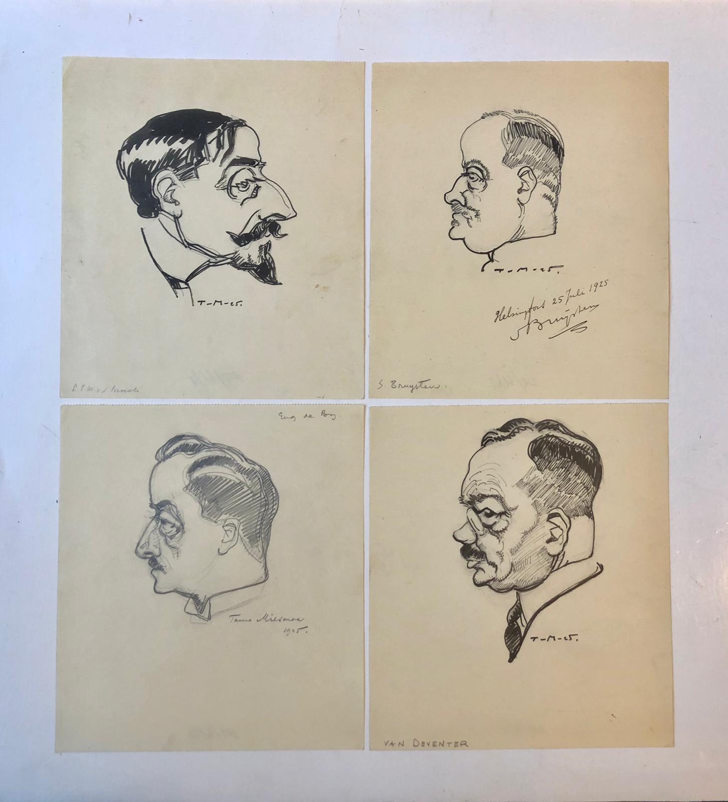  - [Drawings, caricature MIESMAA, KARIKATUREN] Portretkarikaturen in inkt of potlood door Tanno Miesmaa, 1925, ieder ca. 15x15 cm.