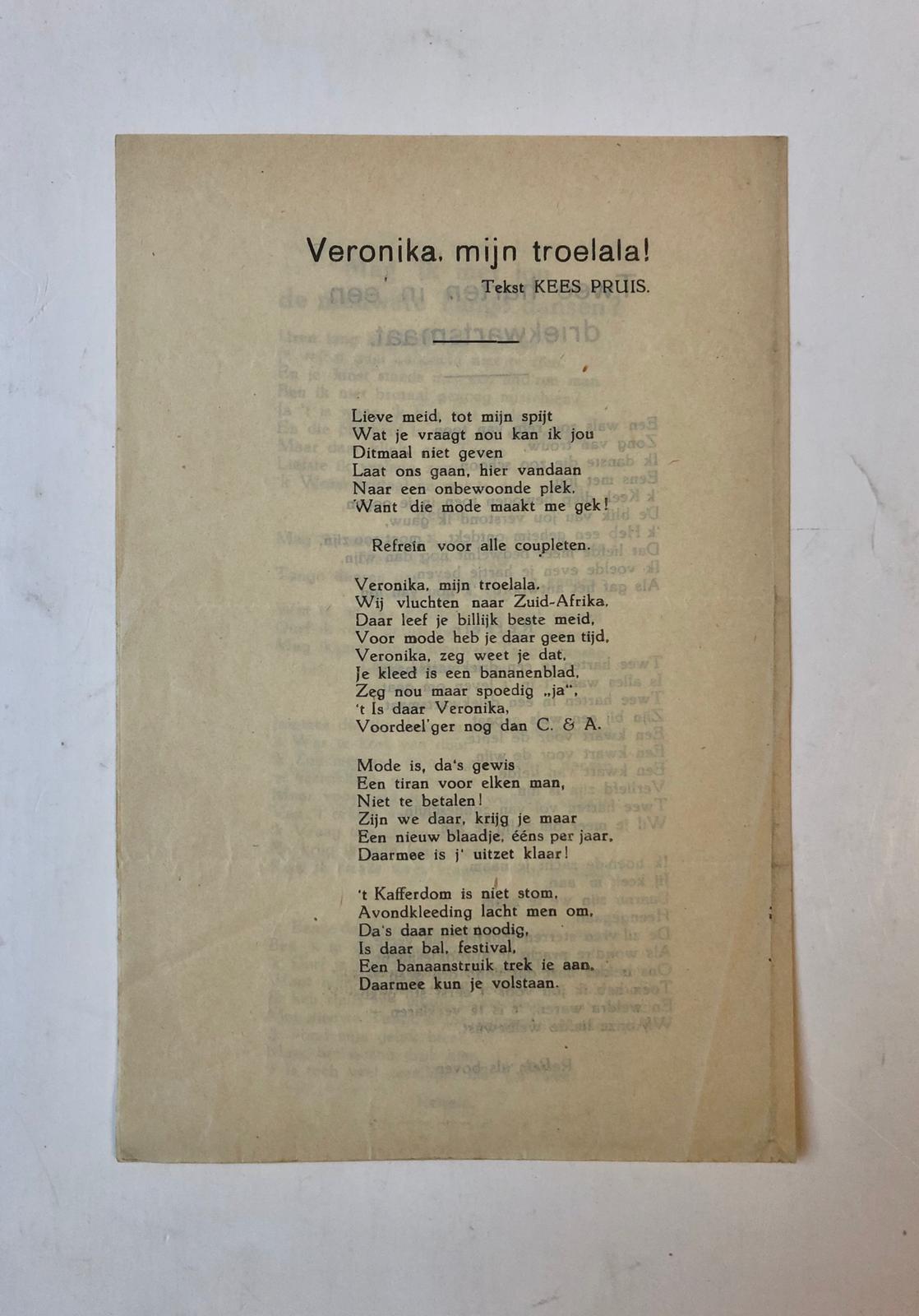  - [Printed song, gedrukt liedje MODE] Liedje `Veronica mijn troelala!' door Kees Pruis, met zinspelingen op mode. Ca. 1935. Gedrukt, 8(: 1 p.