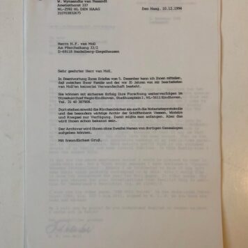 [Printed letter, MOL, VAN] Brief met bijlagen van Hanns Friedhelm van Moll, Heidelberg 1994, inzake de familie Van Mol te Vessem en Lommel, ca. 1700 - ca. 1960. 12 p.