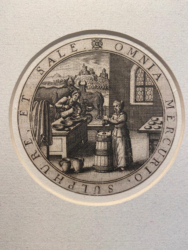 [Antique print, engraving] Emblem: OMNIA MERCURIO, SULPHURE, ET SALE, published before 1580?.