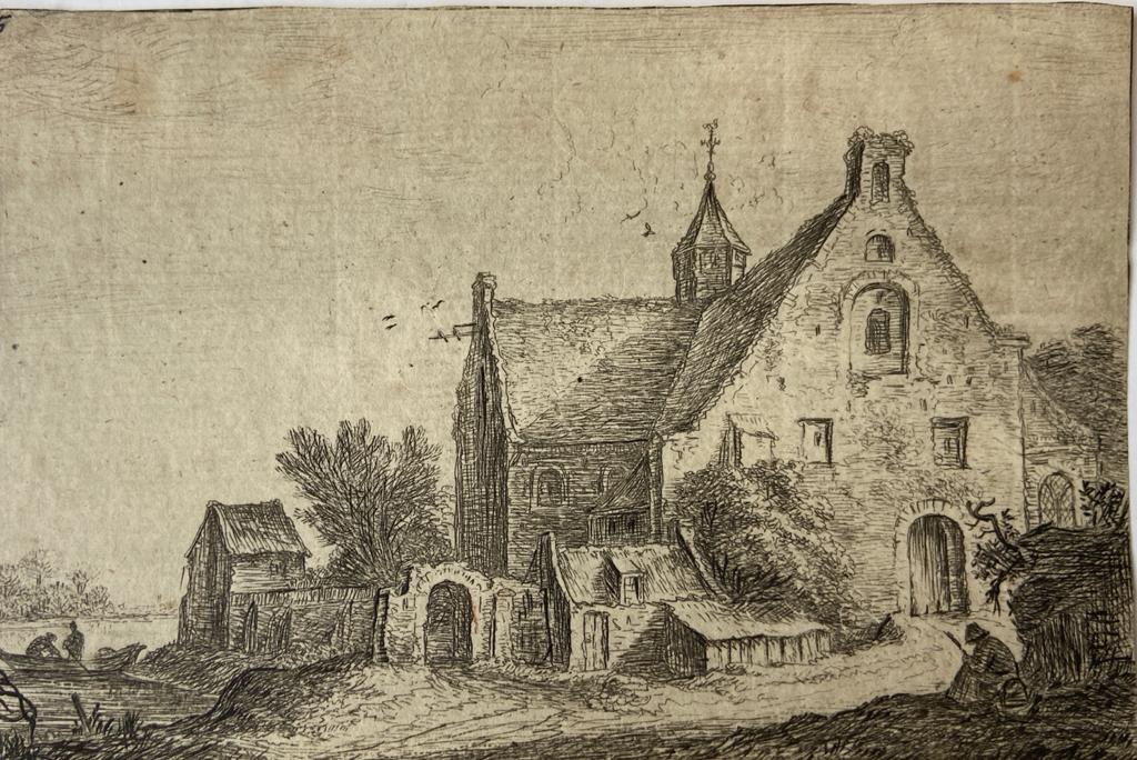 [Landscape print, etching] Village church on the bank of a river [set: Landscapes, eleven plates]. (Dorpskerk aan de oever van een rivier).