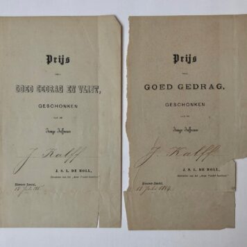 [Price forms] NIEUWER AMSTEL, DE HOLL, KALFF Twee prijsformulieren, uitgereikt aan mej. J. Kalff, door de directrice J.S.L. de Holl van het `Anna Vondel-Instituut' te Nieuwer Amstel, 1884-1887. 8(: 2 p.