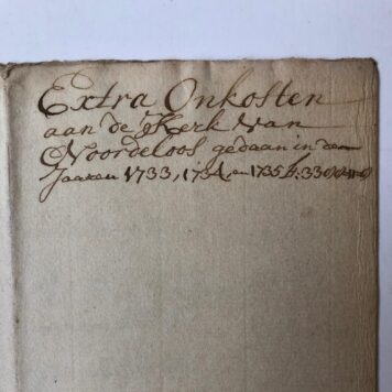 [Manuscript theology] NOORDELOOS Uytgaaf extraordinaar wegens de kerk van Noordeloos gedaan sedert 28 maart 1733, kerkmeesters Daniel van Os en Gerrit Horden. Folio, 3 p.