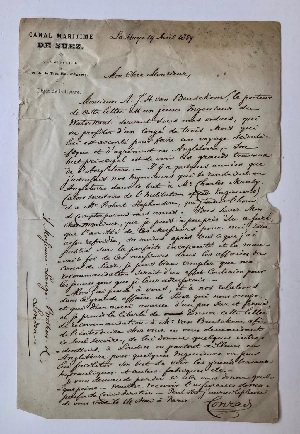 [Manuscript] CONRAD, VAN BEUSEKOM Brief van Ir. Conrad, La Haye 1859, aan Messrs Lange Brothers te Londen; 8(, 1 p.