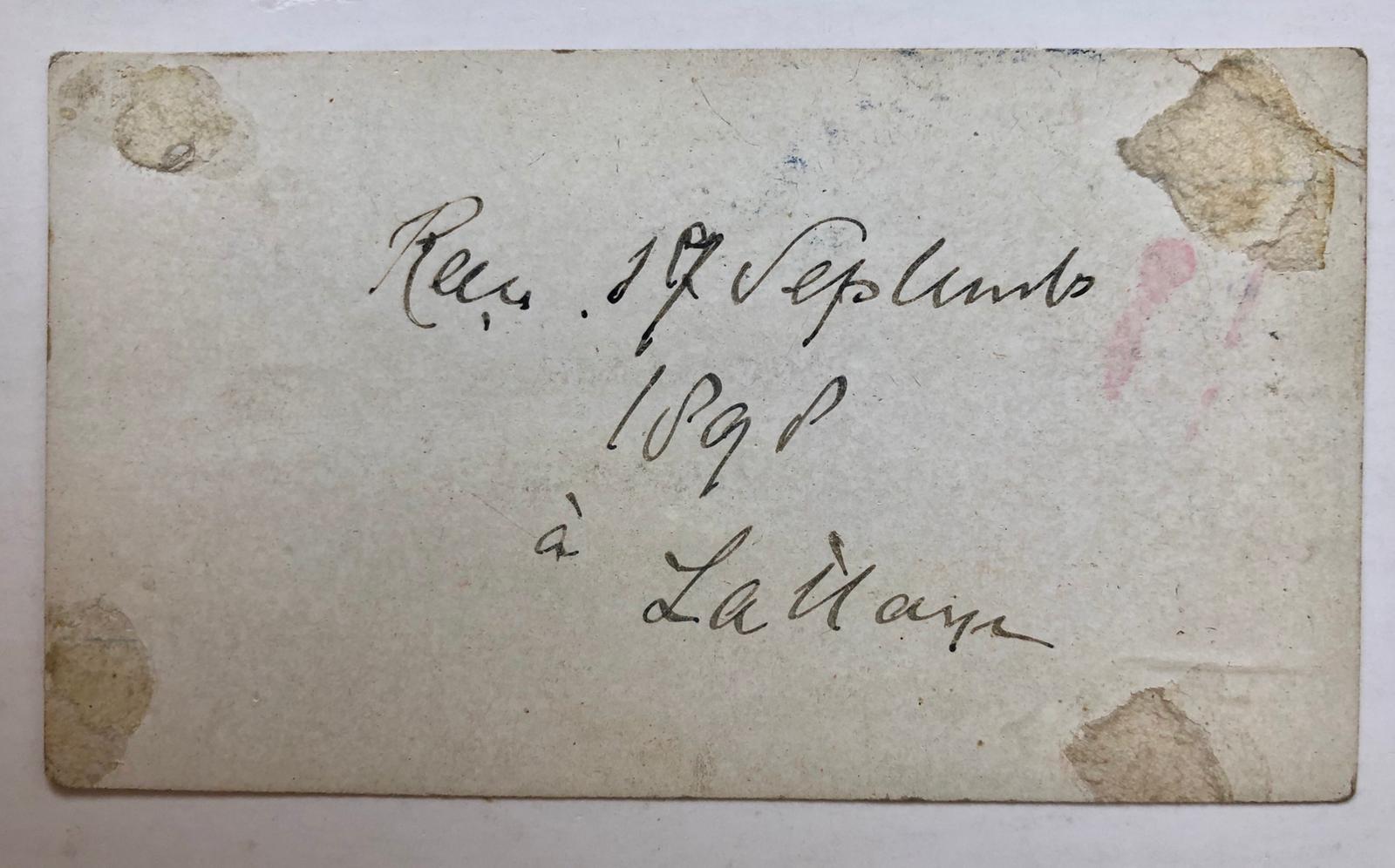  - [Carte visite, SAKSEN] Visitekaartje van le Grand duc de Saxe met achterop in pen recu 17-9-1898  La Haye.