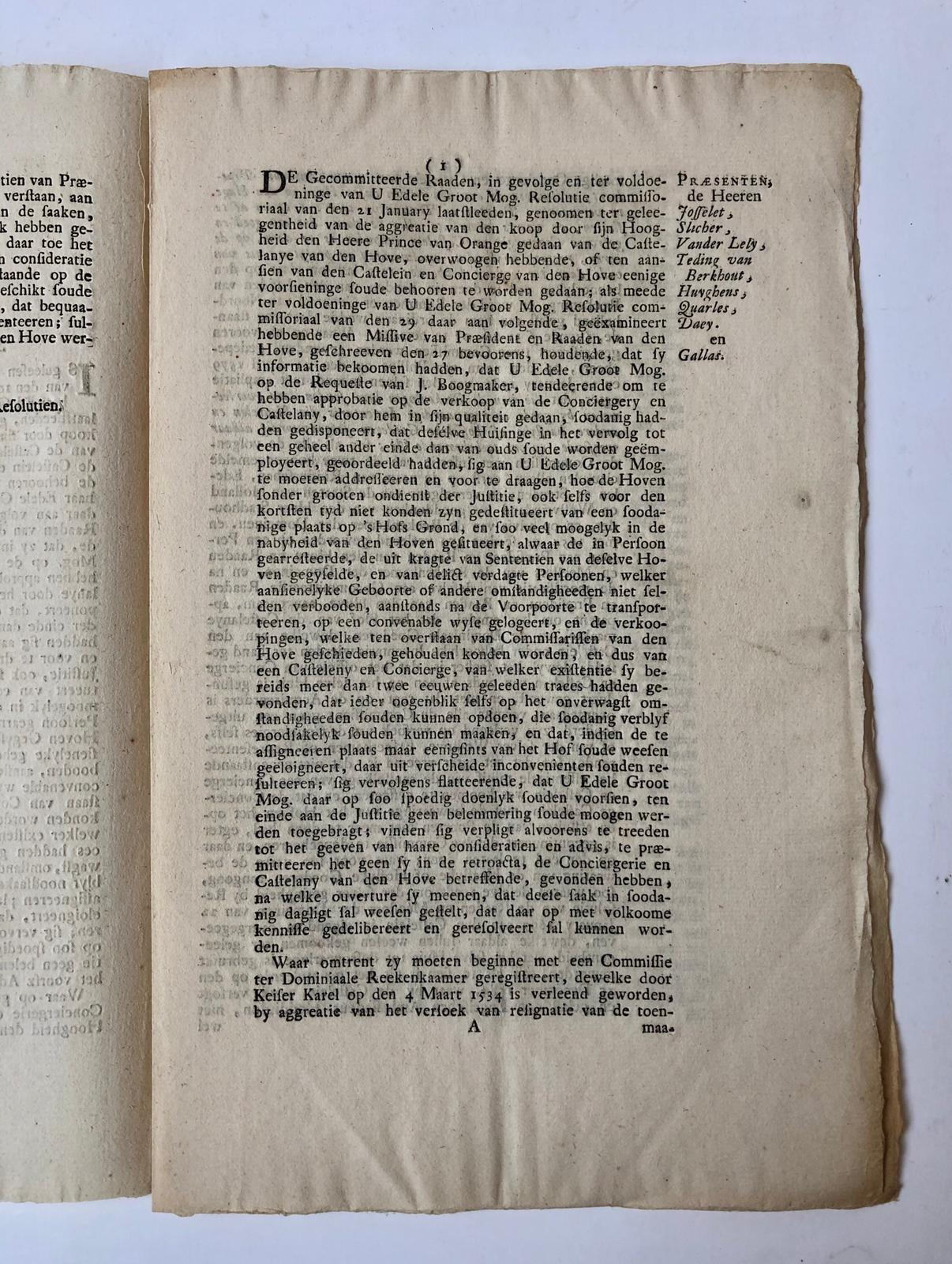 [Printed publication] BOOGMAKER; BINNENHOF 'S-GRAVENHAGE --- Extract resolutien Staten van Holland 28-2-1767 betr. de castelanye van het Hof van Holland. Gedrukt, folio, 5 pag.
