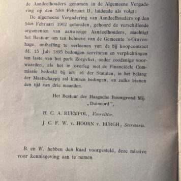 Het Park Zorgvliet, overdrukken van de artikelen betreffende dit park verschenen in De Avondpost, Uitgave van de naamlooze vennootschap De Avondpost, 1902, 78 pp.