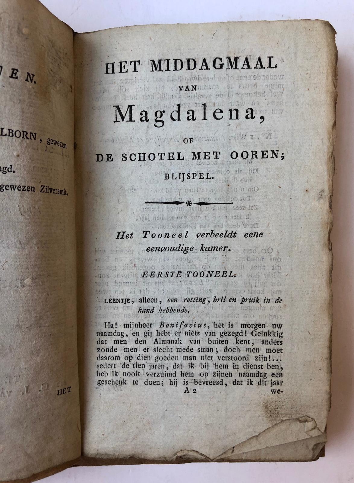 [Theater, The Hague] Het middagmaal van Magdalena, of De schotel met ooren; blijspel met zang (vaudeville) in een bedrijf. Vertaald uit het Frans. Nijmegen, C.J. van Goor en zoon, 1820.