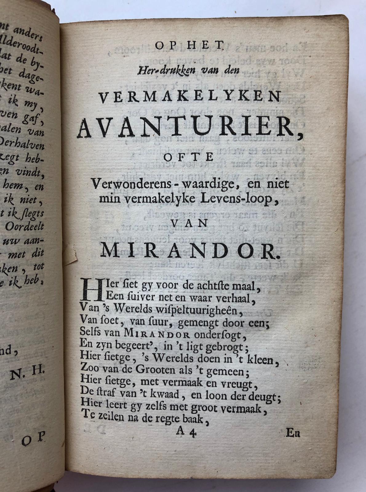 [Literature, The Hague, Culemburg] De vermakelyke avanturier, ofte De wispelturige, en niet min wonderlyke levens-loop van Mirandor, [...]. 8e druk. Amsterdam, Jan Morterre, 1756. [2 delen in 1 band]