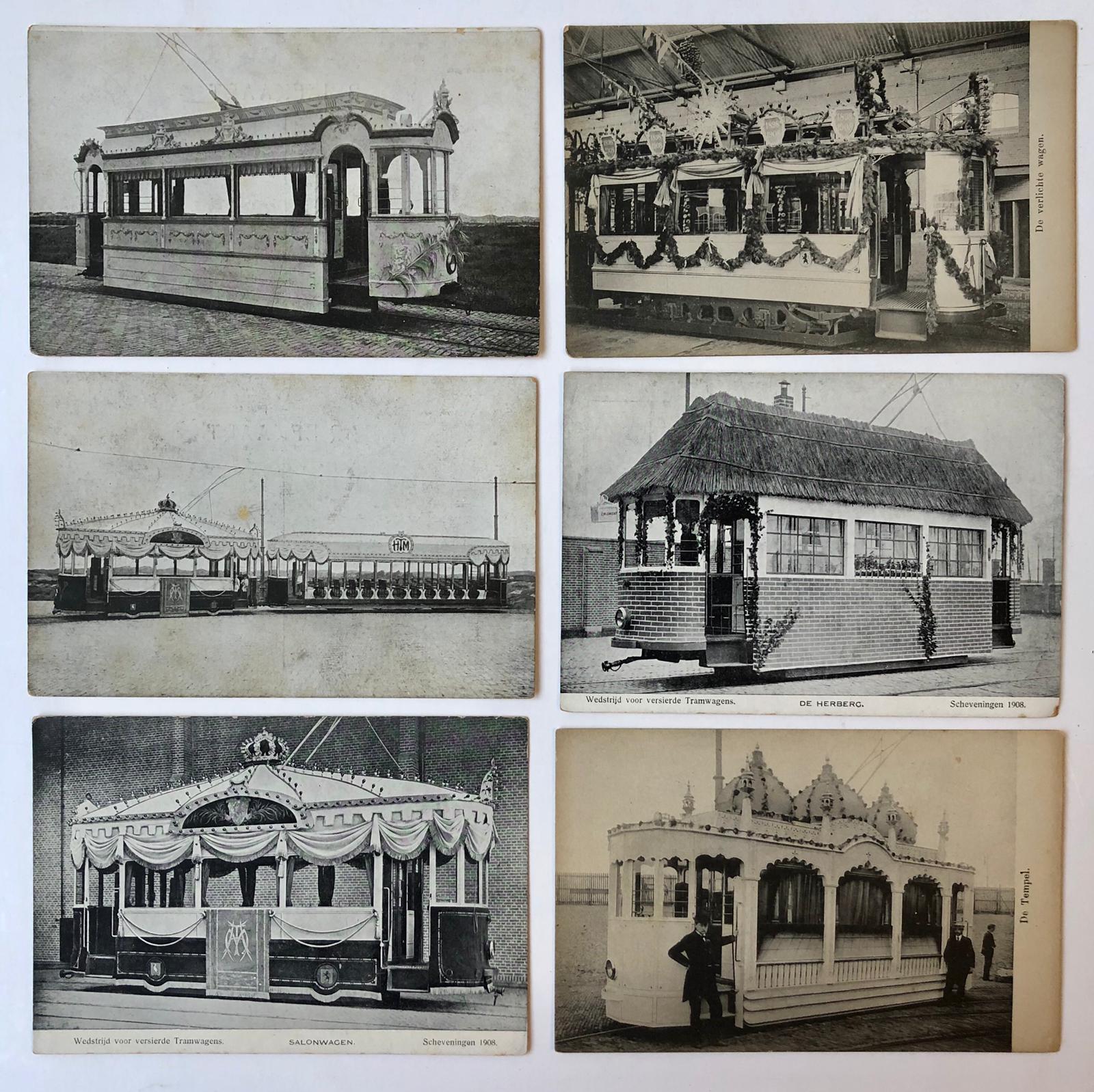  - [Postcards Transport The Hague] TRAMS, SCHEVENINGEN Zes prentbriefkaarten uit 1908 met afbeeldingen van versierde tramwagens die deelnamen aan een wedstrijd te Scheveningen in dat jaar.