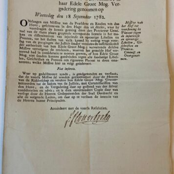 [Batavian Republic/Bataafse republiek] Extract Resolutien Staten van Holland d.d. 18-9-1782 betr. injurieuse en oproerige libellen, geschriften en prenten.