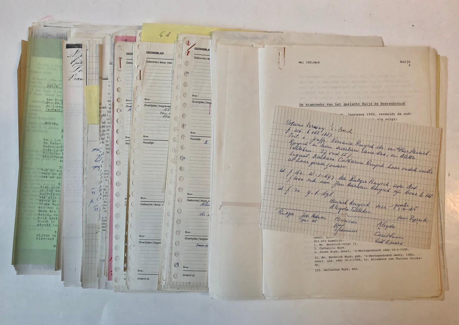  - [Genealogy] RUIJS (DE BEERENBROUCK).- Dossier betr. het rapport `De stamreeks van het geslacht Ruijs de Beerenbrouck' door W. Wijnaendts van Resandt, 1983.