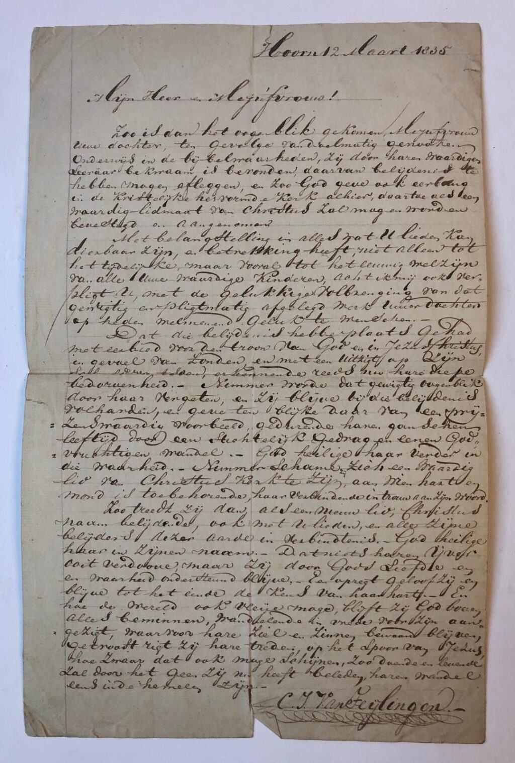 [MANUSCRIPT TEYLINGEN, VAN; HOORN] Brief van C.J. van Teylingen, Hoorn 12 maart 1835, met felicitaties aan de ouders van een meisje dat belijdenis deed. Folio, 1 p.