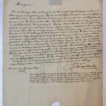 [MANUSCRIPT VARELEN, VAN] Brief van J.E. van Varelen, Haarlem 1835, aan mr. W.H. Tydeman te Leiden. 4(: 1 p.